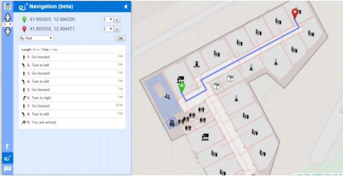 escrizione del percorso da compiere dall’Aula Cassinis per raggiungere la Stanza n. 7 c/o l’Area di Geodesia e Geomatica, DICEA, Facoltà di Ingegneria dell’Università “Sapienza” di Roma (OpenLevelUp).