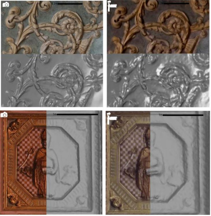 Dettagli del particolare decorativo dei soffitti del Gabinetto dei Fiori Indorato, Castello del Valentino (A) e della Basilica di San Nicola a Tolentino (B) confrontando il modello 3D texturizzato e non texturizzato (in grigio), generato da camera DSLR (sinistra) e steadycam (destra).