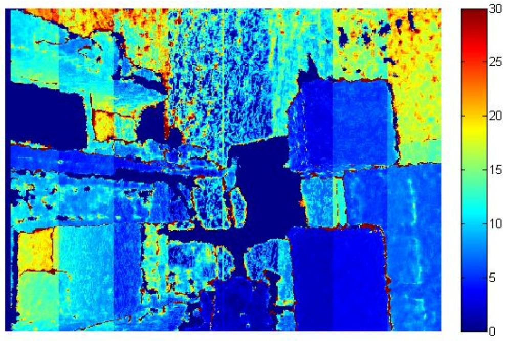 Deviazione standard [mm] calcolata per ognuno dei pixel corrispondenti delle immagini di profondità acquisite dalla camera IR.