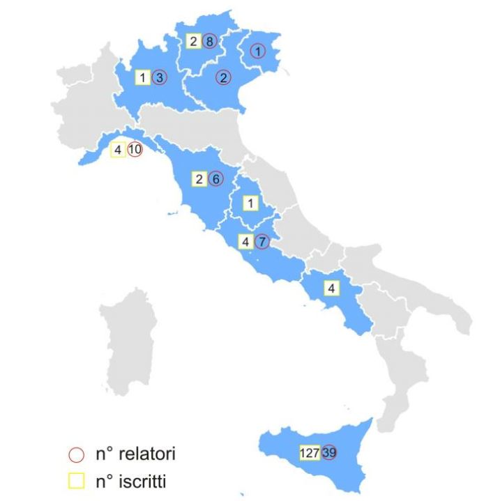 Numero di relatori e iscritti al XV Meeting degli utenti italiani GRASS e GFOSS e loro provenienza geografica (territorio nazionale).