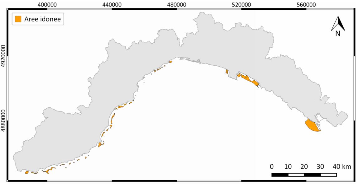 Mappa delle aree idonee alla realizzazione di nuovi impianti di itticoltura offshore, escluse quelle con dimensione tale da non poter ospitare l’impianto tipo (sistema di riferimento: WGS84/UTM32N).