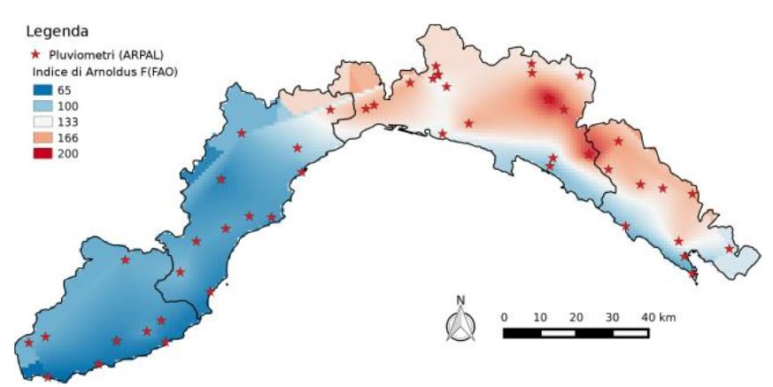 Mappa dell'aggressività climatica per la regione Liguria.